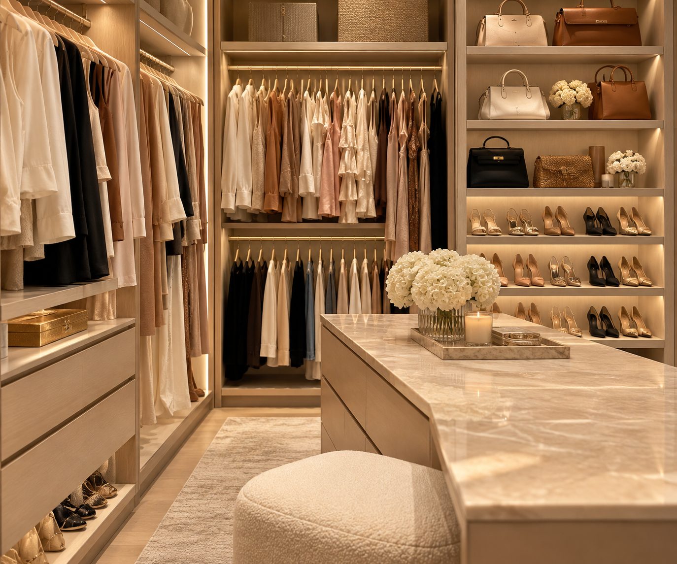 A softly lit walk-in closet with neutral blouses and dresses on gold rails, structured handbags and heels on lit shelves, and a marble island with white hydrangeas.