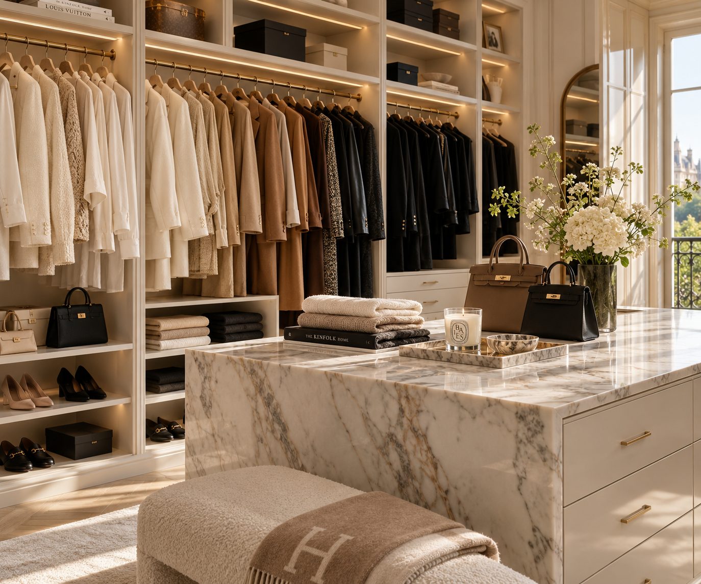 A bright, luxurious walk-in closet with garments arranged by color and a marble island