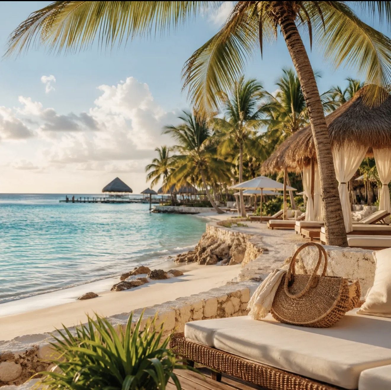 A quiet beachfront with palm trees, turquoise water, thatched cabanas and a woven straw bag on a cushioned daybed.