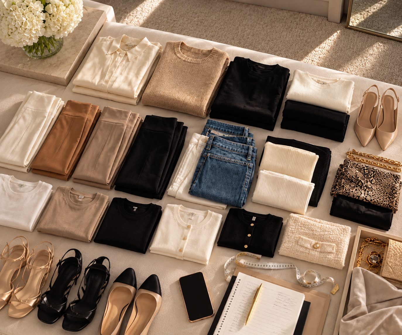 Folded neutral wardrobe pieces, shoes and handbags laid out in neat rows, with a notebook and phone beside them